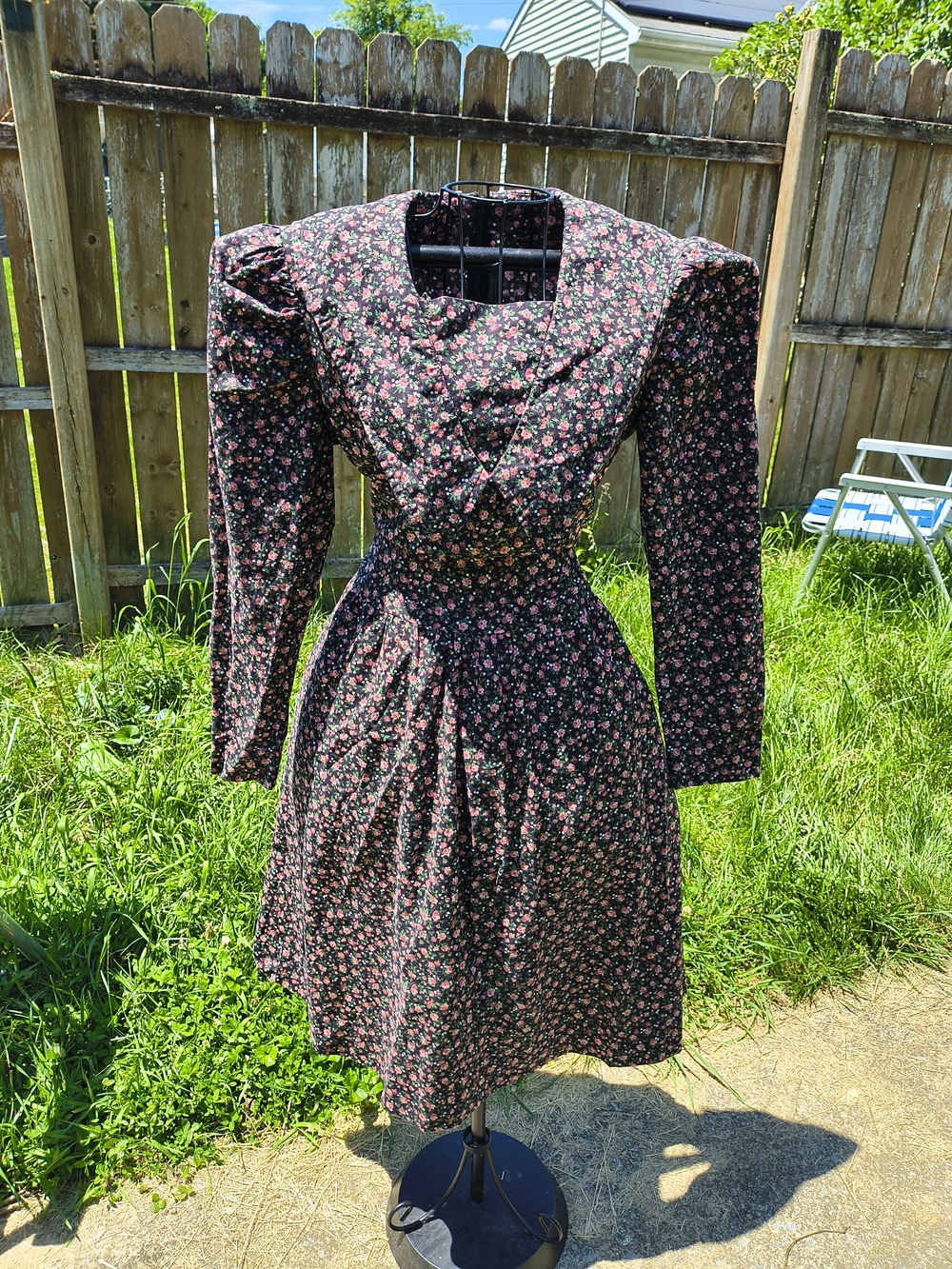 Vintage handmade floral Cottagecore drop waist bib Midi tea dress
